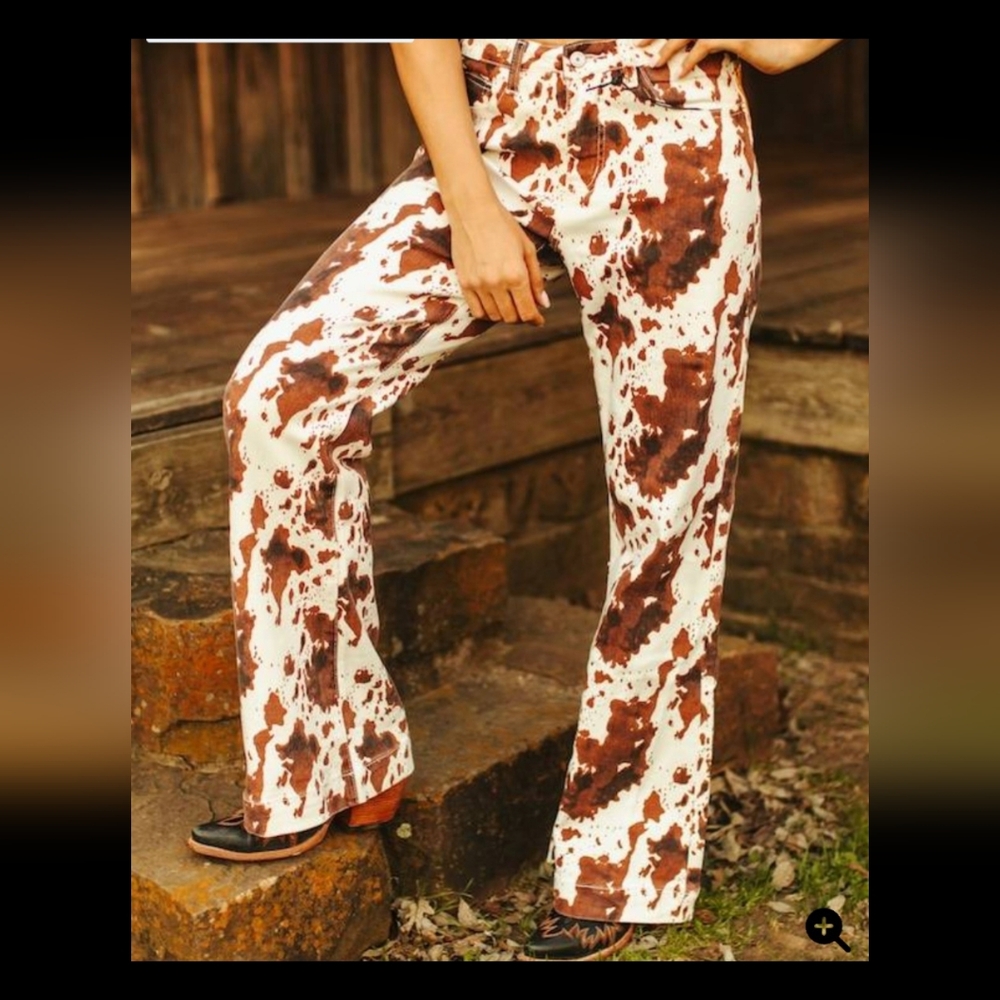 Lucky & Blessed Boutique Brand Cow Print Brown and White  Women's Flare Jeans